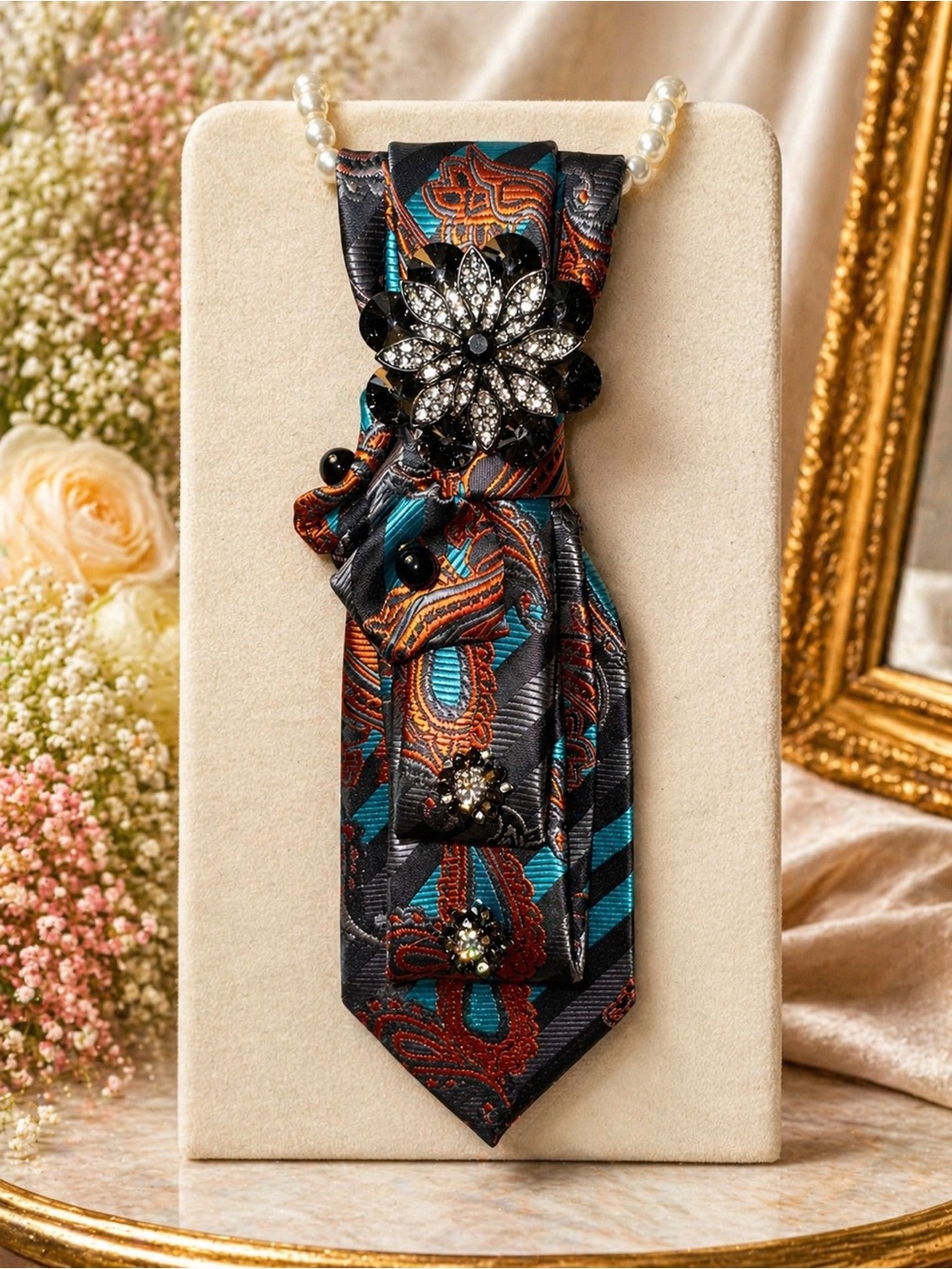 Embellished Paisley Necktie Necklace in Teal & Rust